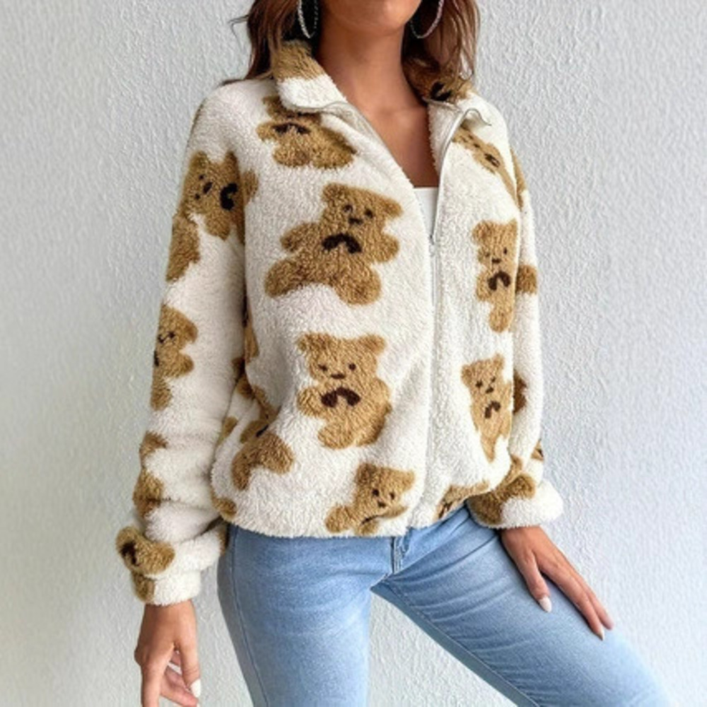 Forever 21 Fluffy Bear Print Fleece Lined Oversized Warm Coat Fall Winter